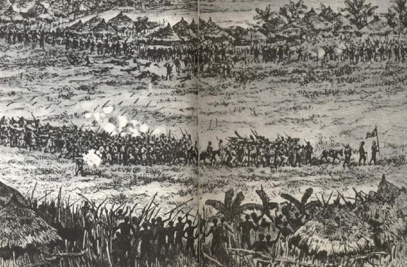 stanleys stora och valbevapnade expedition marscherar forbi rader rader av fientliga afrikaner, william r clark